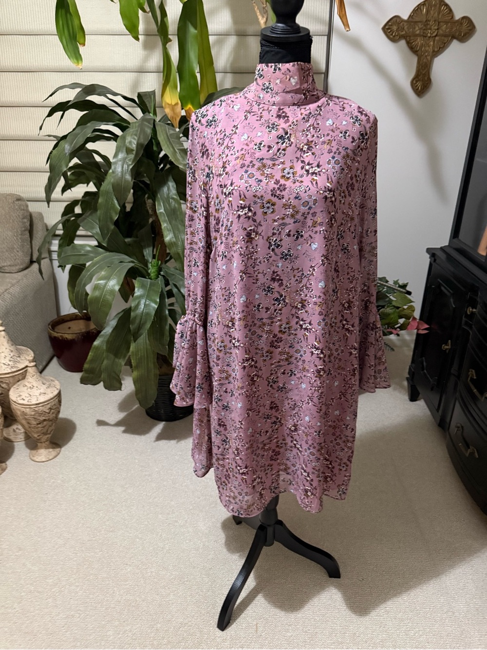 Glamorous Pink Floral High Neck Long Sleeve Swing Dress